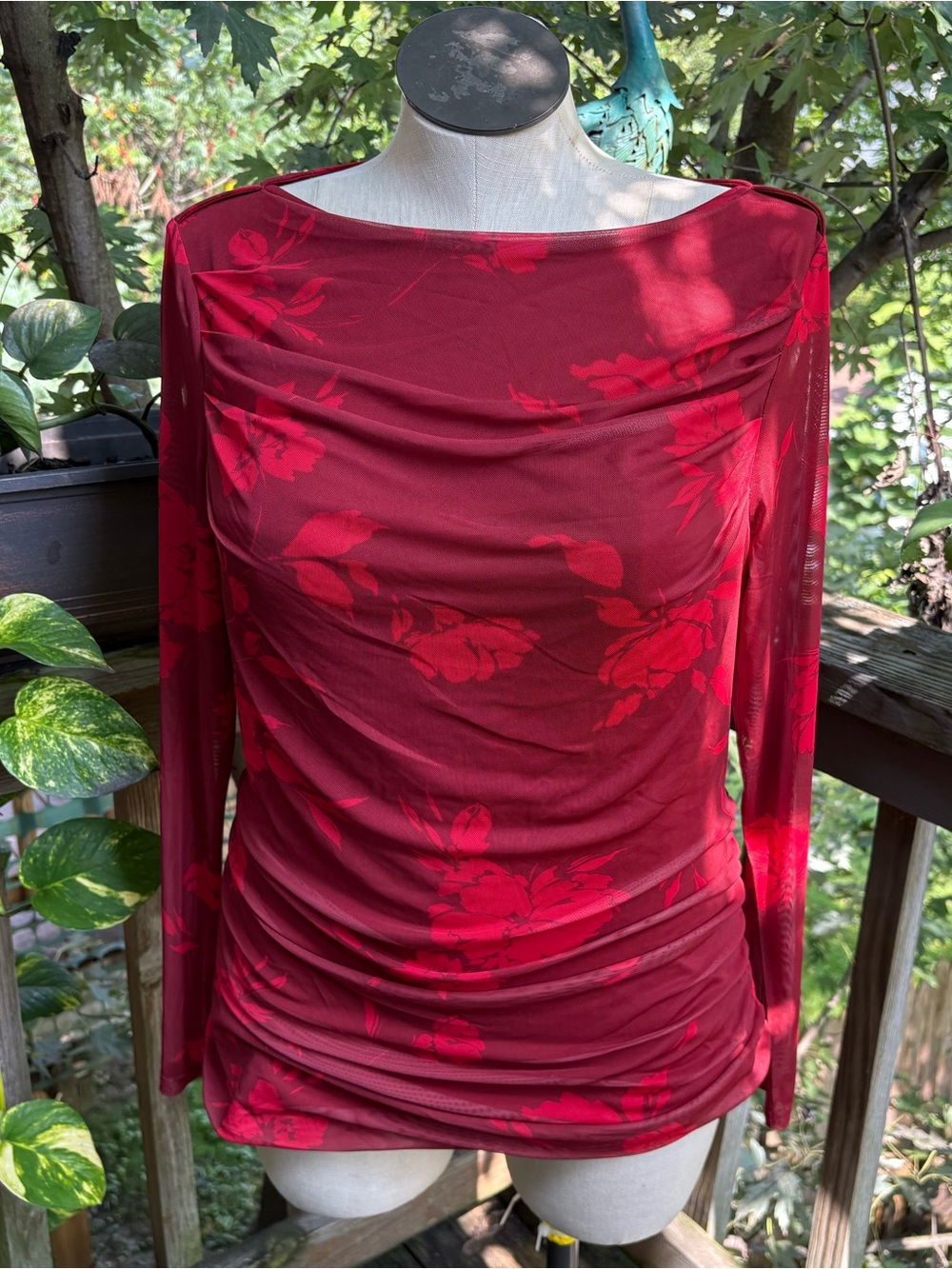 DG2 Red Floral Sheer Mesh Boat Neck Long Sleeve Top Women’s Plus Size 1X